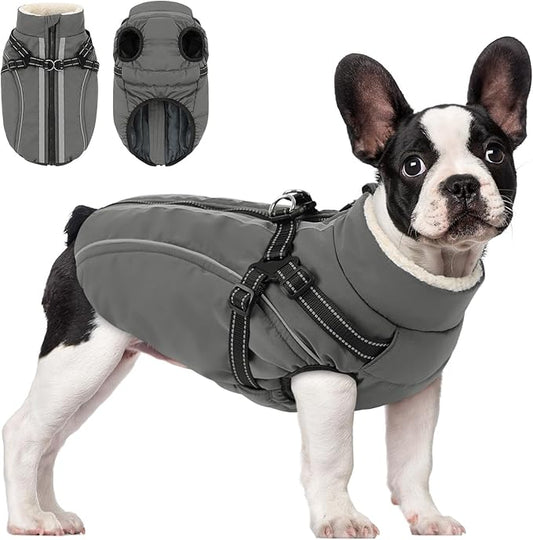 Dog Winter Coat with Harness Built in Warm Puffer Dog Jackets for Small Medium Large Dogs Windproof Waterproof Outfit with Plush Lining and Reflective Stripes (Grey, XL)