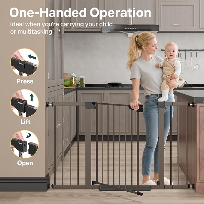 Cumbor 29.7"–51.5" Extra Wide Baby Gate for Stairs, Pressure-Mounted Dog Gates for Doorways & Hallways, Auto-Close Walk-Through, No-Trip Design, Child Proof Safety, Dog/Pet Gate for Indoor Use, Brown