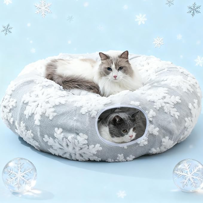 Grelife Cat Tunnel Bed for Indoor Cats, Large Cat Tunnel Christmas Tree Skirt, Cat Donut Tunnel Toys with Warm Plush, Non-Slip Base, Removable Cushion, Perfect for Cats, Kittens, Small Pets(33.4")
