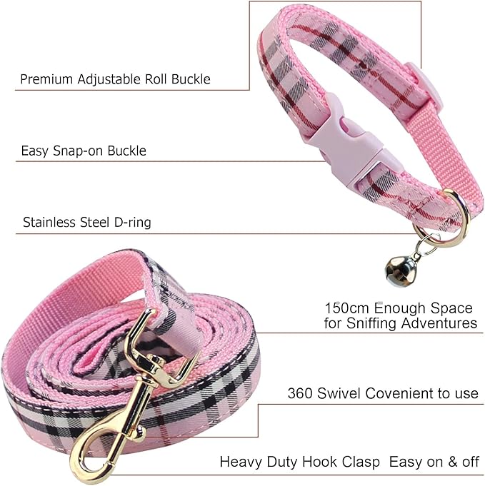 Cute Plaid Dog Collar Harness and Leash with Safety Buckle - Adjustable and No Pull Comfortable Dog Collars for Small Puppy, Stylish Durable Gift for Boy Girl Pets