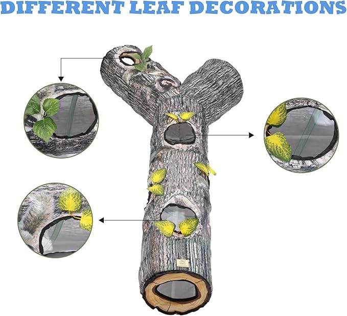 Tree Trunk Cat Tunnel - Cat Tunnels for Indoor Cats, Cat Bed Tree Hole Toy with Three Channels and Leaves, Foldable & Easy to Store, Suitable for Cats and Other Small Animals to Chase and Play