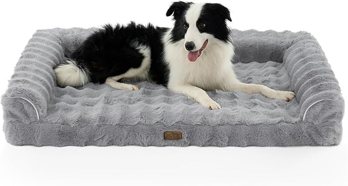 Faux Fur Orthopedic Dog Bed, Extra Large Dog Bed, Supportive Foam Pet Sofa with Waterproof Lining Cover, Washable U-Shaped Pet Couch with Anti-Slip Bottom Design, Grey XXL 48x32x8 inch