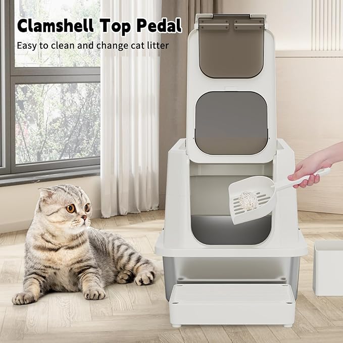 RIZZARI Stainless Steel Cat Box: Beige Leak-Proof Large Enclosed Litter Pan Indoor Odorless Tray for Multiple Cats - Teflon Non-Stick Coating - for Cats Under 20 lbs - Ideal for Laundry Room Balcony