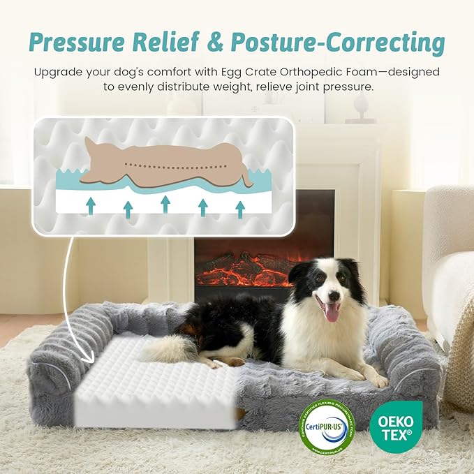 Faux Fur Orthopedic Dog Bed, Extra Large Dog Bed, Supportive Foam Pet Sofa with Waterproof Lining Cover, Washable U-Shaped Pet Couch with Anti-Slip Bottom Design, Grey XXL 48x32x8 inch