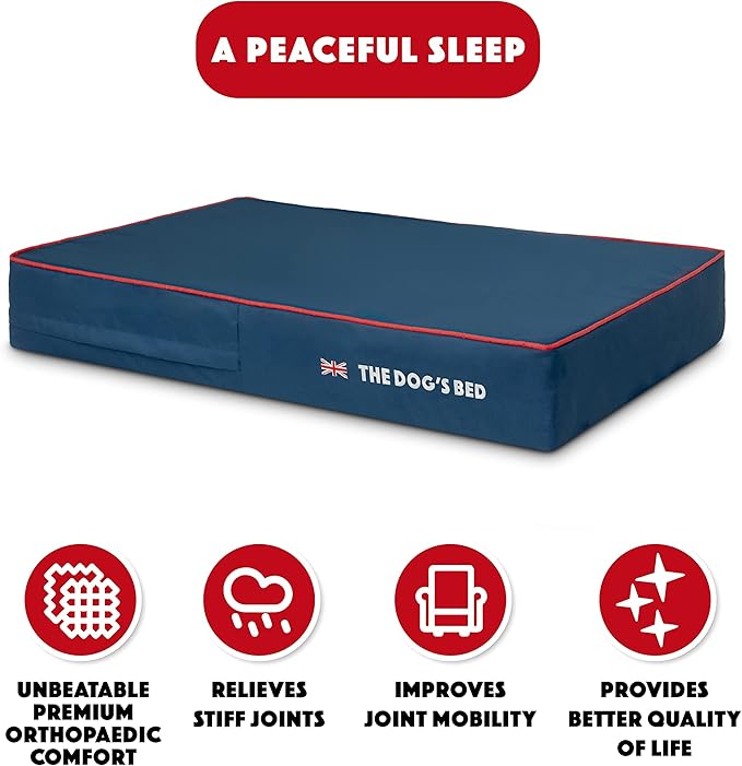 The Dog’s Bed Orthopedic Memory Foam Dog Bed Large Blue Oxford with Red Trim UK Flag, Pain Relief for Arthritis, Hip & Elbow Dysplasia Post Surgery Supportive, Waterproof Washable, Veterinary Approved