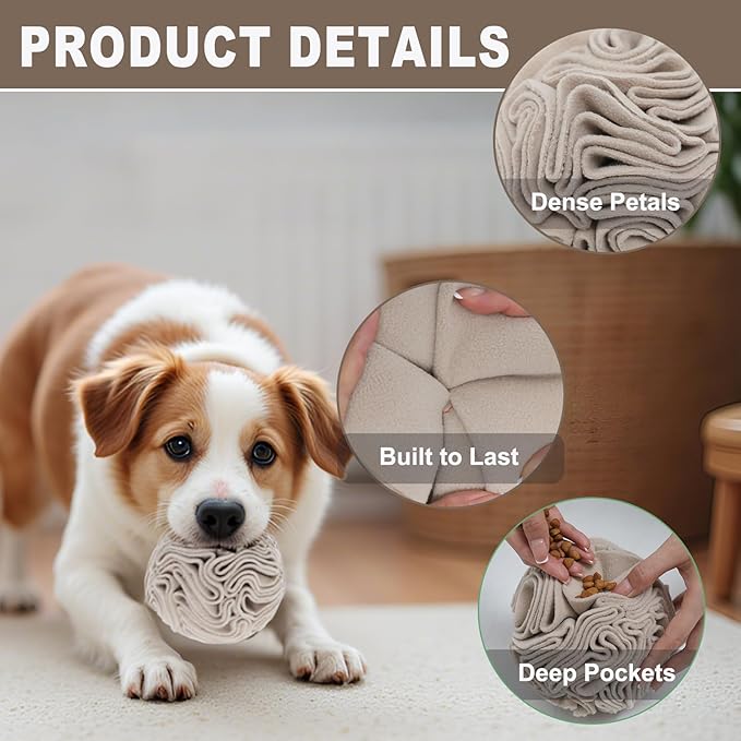 Light Brown Snuffle Ball for Dogs, Slow Feeder Mental Enrichment Toy for Small, Medium Dogs, Discreet Color Interactive Puzzle Game for Anxiety Relief & Indoor Fun, Machine Washable