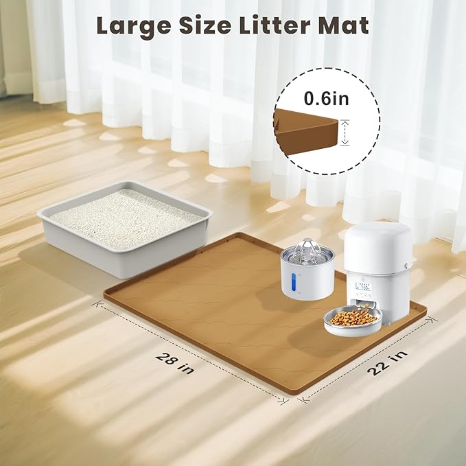 Cat Litter Mat, 28" X 22" Silicone Litter Box Mat, Cat Litter Trapping Mat for Indoor Use, Easy Clean for Scatter Control, Soft on Kitty Paws, Waterproof & Urine Proof, Brown