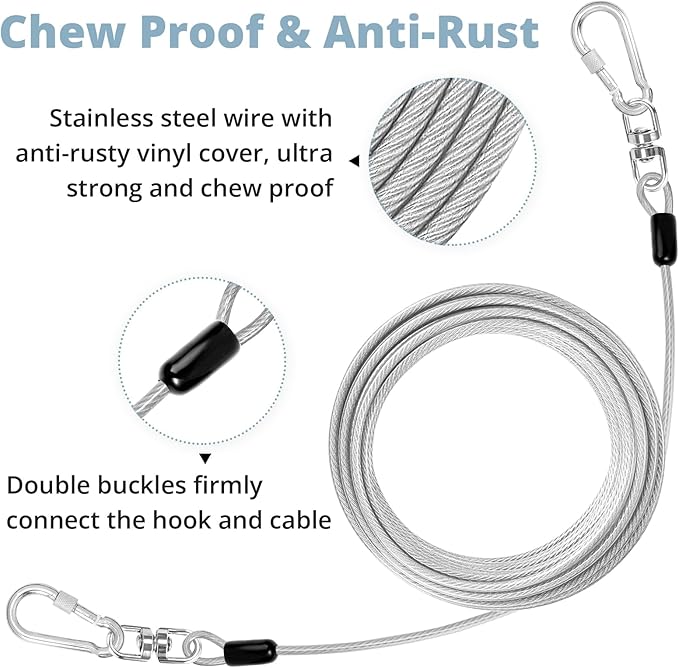 jenico Dog Tie Out Cable: 20 ft Dog Lead for Yard - Heavy Duty Chain Leash Outside for Small Large Dogs Up to 500 lbs - Outdoor Dog Runner Tether