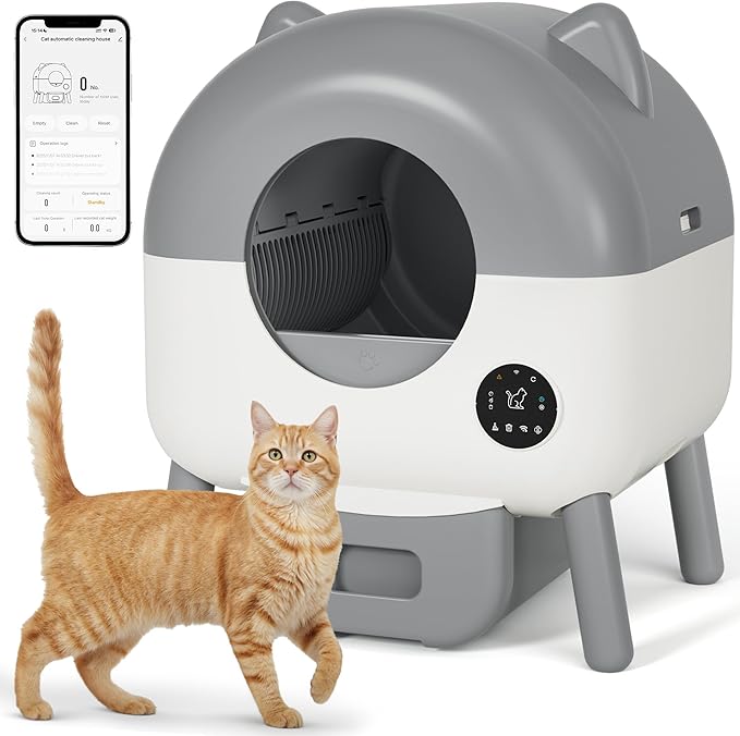 Greesum 76L Large Capacity Fully Enclosed Automatic Litter Box, Cat Ear Design with Garbage Bags Aroma Box and Brush for Multi - Cat Families (Gray)