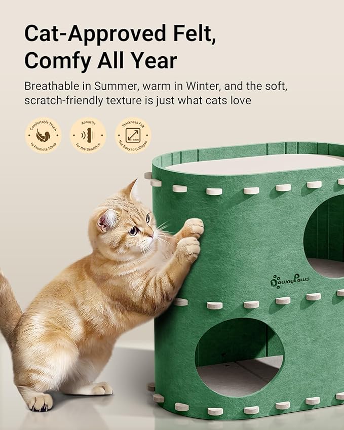 DownyPaws Cat House for Indoor Cats, 2-Storey Foldable Cat Bed Cave, Felt Cats Tunnel Bed Condo, Castle Kitten Cube Hideaway for Multicats, Scratch Resistant, Forest