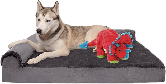 FurHaven Orthopedic Dog Bed & goDog Toy - Squeaky Plush Dino with Chew Guard for Large Dogs - Plush & Velvet L Shaped Chaise - Platinum Gray, Jumbo/XL