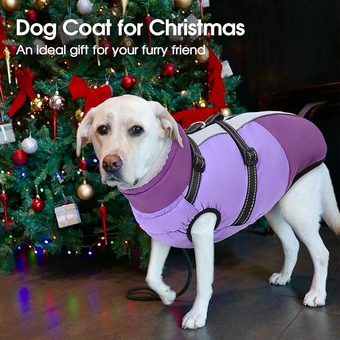 SUNFURA Dog Coat, Dog Jacket for Large Dogs with Harness Built in, Warm Pet Winter Coat Zip Up Snow Jacket with Furry Collar for Boston Terrier, French Bulldogs, Purple L
