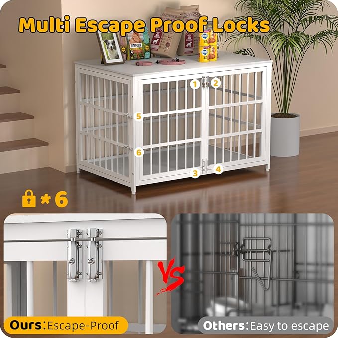 Heave Duty Dog Crate Furniture, Various Sizes & Colors Optional, Indestructible Cage for High Anxiety Dogs with Wooden Table for Indoor Decorative, Escape-Proof Locks & Double Door for Large XXL Dogs