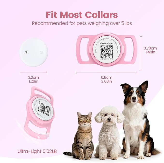 Smart Pet Tracker for Collar - Dog Trackers Location for Pet with Holder, No Monthly Fee, Real-Time Tracking, iOS Only, Emergency Contact, Long-Lasting, Anti-Lost Tracker for Cats, Bag Straps,Pink