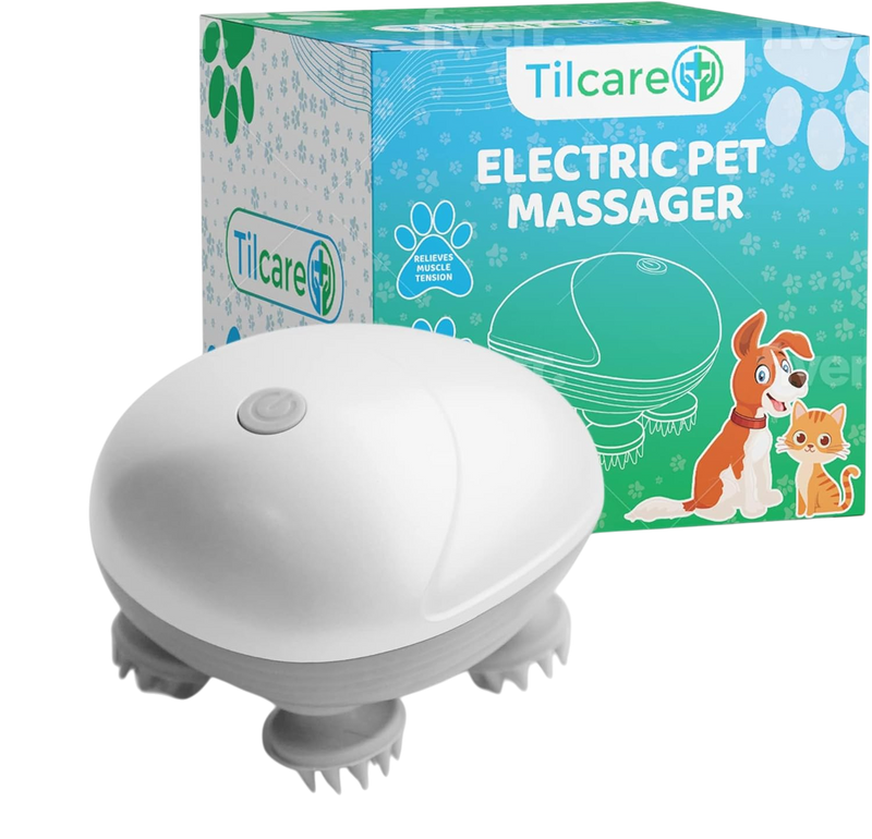 Tilcare Handheld Pet Massager for Dogs and Cats Electric Cat and Dog Massage Tool - Head and Back Scratcher for Relieving Tension, Tight Muscles and Stiffness with Four Rotating Massage Heads