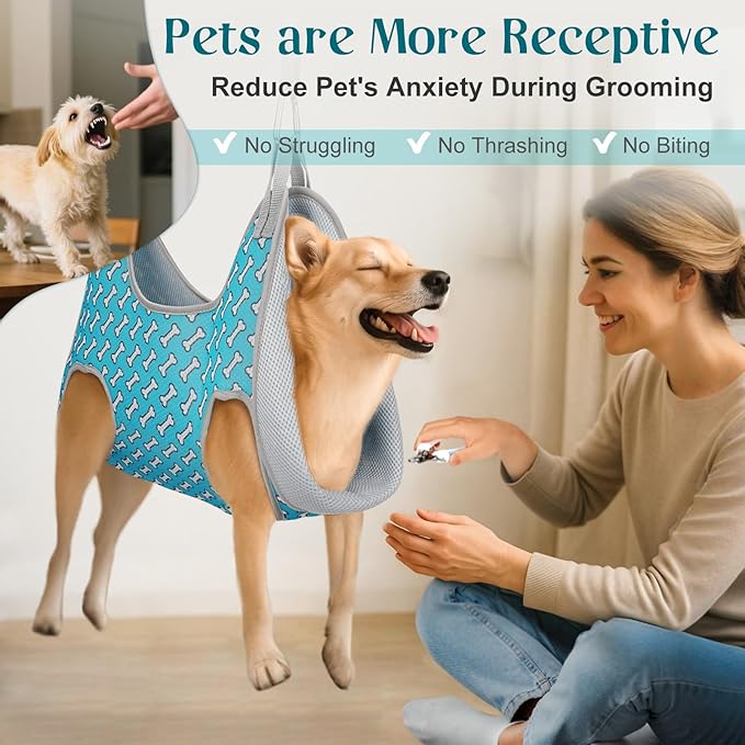 Supet Dog Grooming Hammock Harness for Dogs Cats, Relaxation Pet Nail Clipper Hammock, Restraint Dog & Medium Animal Leashes Sling for Groomingk for Nail Trimming (Coral Blue, M)