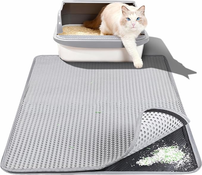 Cat Litter Box Mat for Small Cats, Double Layer Honeycomb Cat Litter Trapping Mats, Waterproof Urine Proof Non-Slip Litter Pad for Indoor Kitty Cat Litter Rug, Easy to Clean Grey (23.6'' x 14.9'')