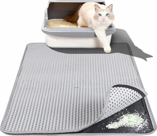 Large Cat Litter Box Mat for Cats, Double Layer Honeycomb Cat Litter Trapping Mats, Waterproof, Urine Proof,Non-Slip Litter Pad for Indoor Kitty Cat Litter Mat, Easy to Clean Grey (33.8'' x 23.6'')