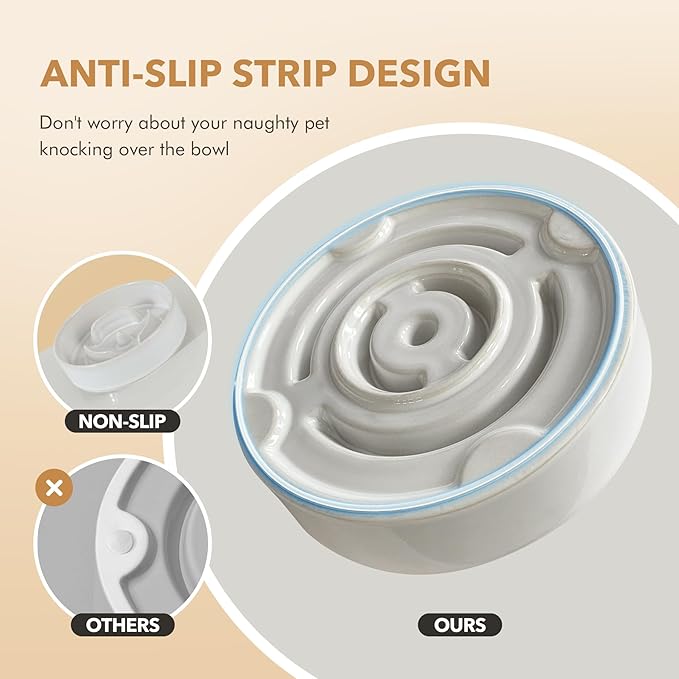 Ceramic 0.9 Cup Raised Slow Feeder Dog Bowl Set, Elevated 6.1inch Water Bowl and 6.1inch Slow Dish with Acacia Wood Stand for Small Dogs (2 x Reactived Glaze -White+ Stand)