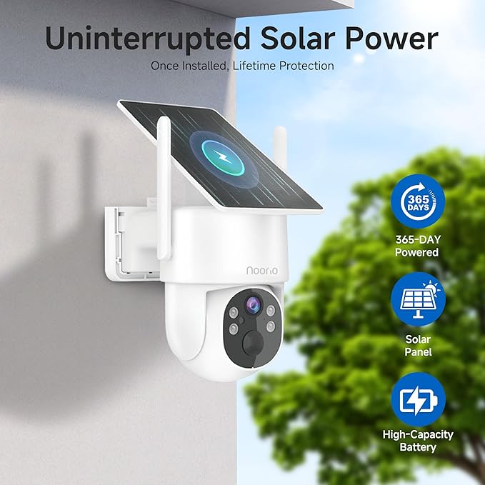 Noorio 2K Solar Security Camera Wireless Outdoor, Fixed Solar Panel/Battery Powered, 4MP, 2.4G/5G WiFi, 360° View, AI Human Detection, Color Night Vision, 2-Way Audio, IP65, for Home Security