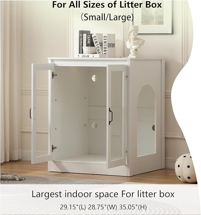 Cat Litter Enclosure with Cat-Observant Glass Doors,Litter Box Cabinet with Cozy LED for Cats,Reversible and Optional Entry(Left or Right),Power Outlet for More Choice, (White)
