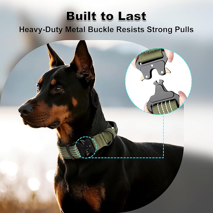 Plutus Pet Tactical Dog Collar with Tracker Packet for AirTag, Adjustable Reflective Nylon Collar, Metal Buckle, Leather-Wrapped Handle, Soft Padded for Medium Large Dogs (Ranger Green, M)