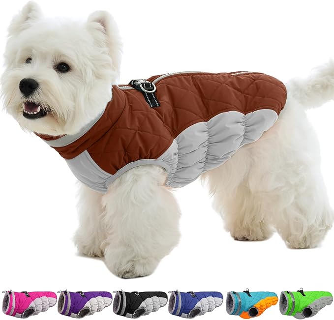 Small Dog Coat,Dog Jackets for Small Dogs,Warm Winter Jacket, Puppy Coat with Harness Built in,Waterproof Dogs Jacket,Puppy Cold Weather Coats,Winter Clothes Snowsuit Shih Tzu Bichon,Brown