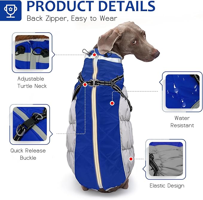 Dog Winter Coat with Harness, Dog Jacket, Pet Clothes with Zipper on Back, Waterproof Windproof Warm Vest, Reflective Cold Weather Coats, for Small Medium Large Dogs, Thick, Blue,XS