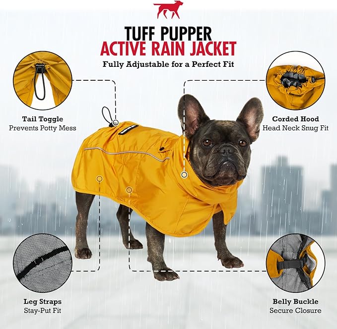 Tuff Pupper Waterproof Dog Raincoat | Full-Body Windproof Rain Jacket for Dogs | Reflective Strips | Breathable Mesh Lining | Adjustable Fit | Leash Port | Small Medium Large XL XXL Dogs (Yellow, L)