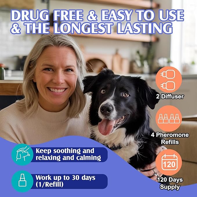 Dog Calming Pheromones Diffuser, 6 in 1 Kit Appeasing Pheromone Diffuser to Calm Dogs, Dog Anxiety Relief Lasting 120 Days with 2 Diffuser + 4 48ml Refill