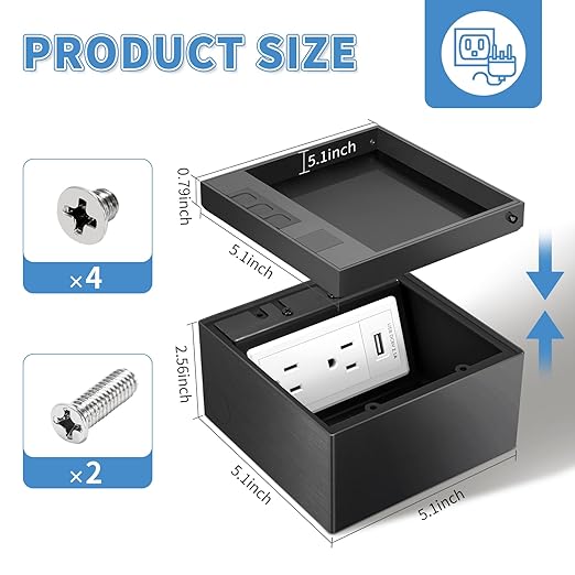 Vagueior Recessed Floor Electrical Outlet Kit,Flat Hidden Socket Kit,Hidden Duplex 15A Tamper-Resistant Receptacle Outlet and 2.1A USB Port，Waterproof Electrical Outlet Covcer Box,Black
