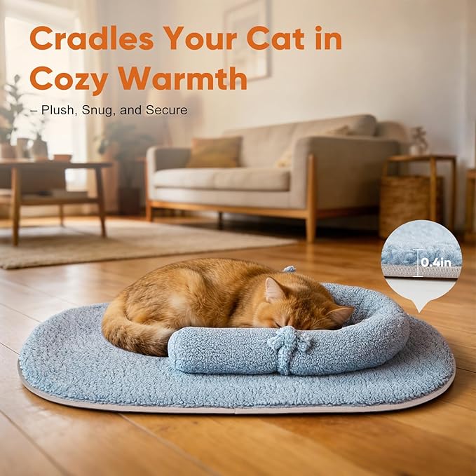 Self Warming Cat Bed Mat with Soft U-Shaped Pillow– Thickened Calming Cat Bed for Kittens and Small Dogs – Portable Washable Cats Warming Pad for Indoor or Travel Use,Blue