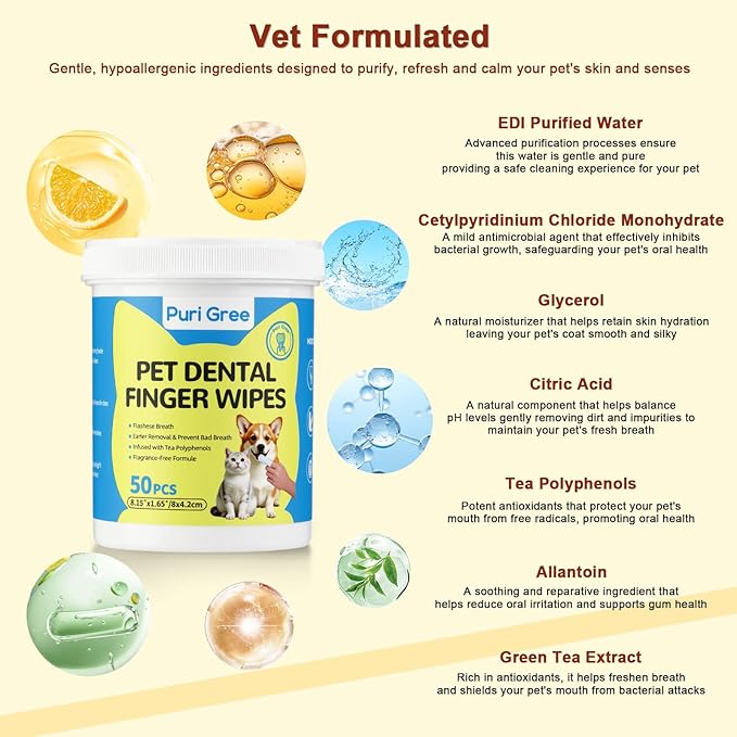 Teeth Cleaning Wipes for Dogs & Cats, Dog Dental Care Finger Wipes, Dog Tooth Brushing Kit, Reduces Plaque,Disposable Dog Wipes-50 Count