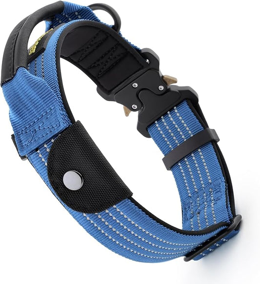 Plutus Pet Tactical Dog Collar with Tracker Packet for AirTag, Adjustable Reflective Nylon Collar, Metal Buckle, Leather-Wrapped Handle, Soft Padded for Medium Large Dogs (Blue, S)