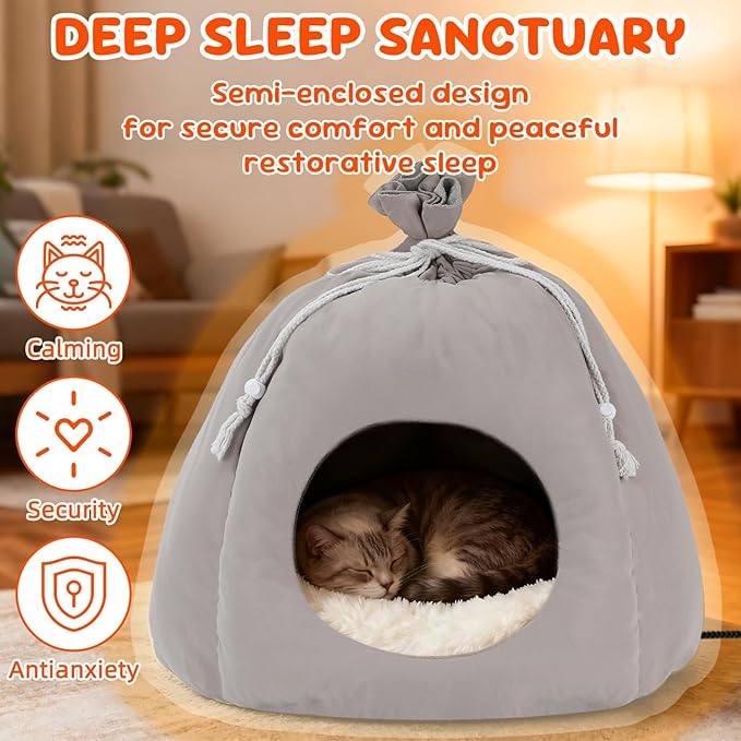 BWOGUE Indoor Heated Cat Bed, 2 in 1 Heated Cat Cave Bed with Temp Adjustable and Timer, Warming Cat Bed Thermo-Pet Nest for Indoor Cats Old Cats 16.9"×16.9"×16.1" (Gray)
