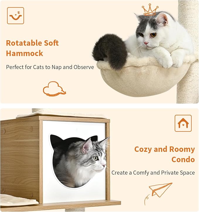 Made4Pets Cat Tree, Modern Cat Tree Tower for Indoor Cats - 65" Tall Wood Condo with Hammock, Scratching Post and Removable Pads for Small Large Cats, Beige