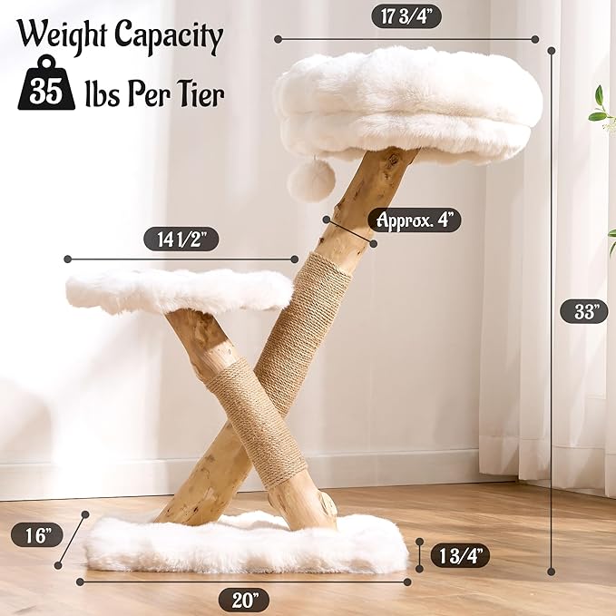 Natural Wood Cat Tree for Indoor Cats Adults, 33in Modern Cat Tree Tower with Super Soft Plush Cat Bed & Perch, Sisal Scratching Posts and Hanging Plush Ball, Ivory White