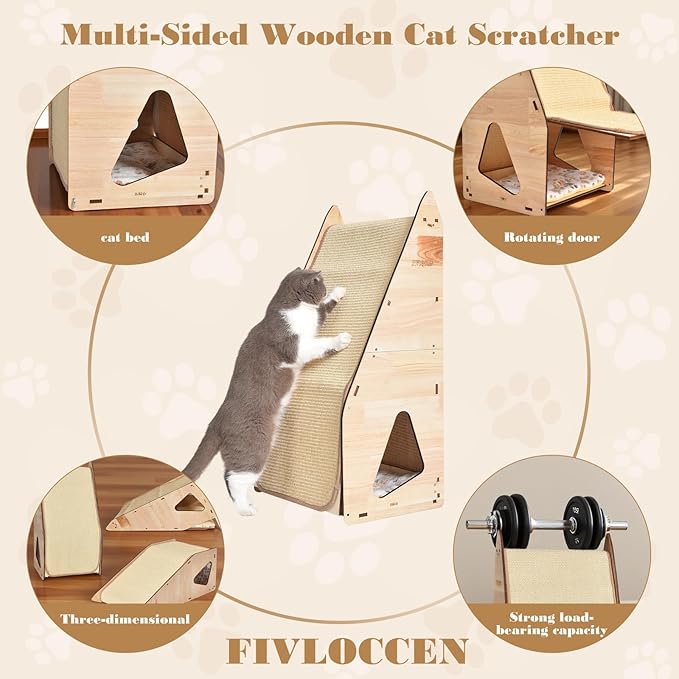 Wood-Framed Cat Scratching Post: Modern Sisal Scratcher Furniture, Integrated Cat Scratch Post Pad Condo Tunnel House Bed. All-in-One Space Saver for Multi-Cat & Budget-Friendly Homes (32in)
