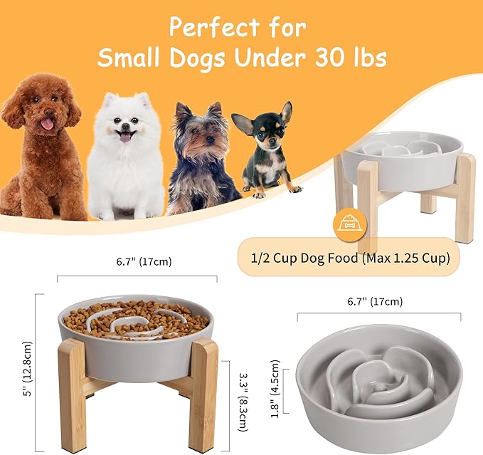 Elevated Slow Feeder Dog Bowl - Ceramic Maze Food Dish with Bamboo Stand - Raised Feeding Bowl for Fast Eaters - Ideal for Small and Medium Dogs - Grey - 6.7 inch