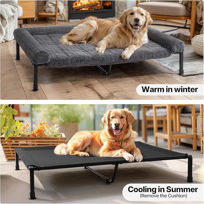 Veehoo Elevated Dog Bed Large Sized with Fluffy Plush Bolster Cushion, Washable Orthopedic Dog Couch Bed, Cooling Raised Pet Cot with Removable Mat, Breathable Mesh, No-Slip Feet, 53 x 37 inches, Grey