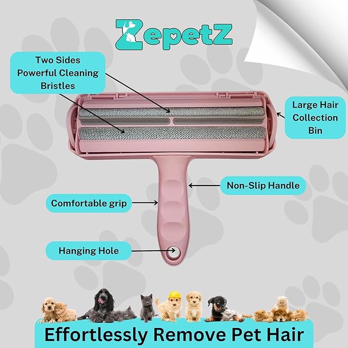Pet Hair Remover Roller – Reusable Self-Cleaning Fur Removal Tool for Dogs & Cats – Ergonomic & Eco-Friendly Lint Roller for Couch, Carpet, Bed, Car Seat & More (Pink)