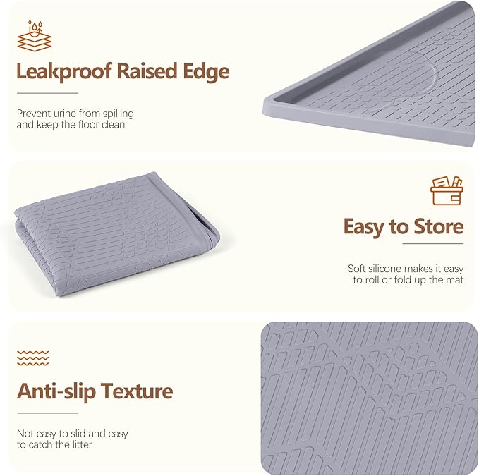 Large Cat Litter Mat with Toy Ball, 38'' x 25'' Silicone Cat Litter Trapping Mat for Scatter Control, Soft on Kitty Paws, Easy to Clean (Light Grey)