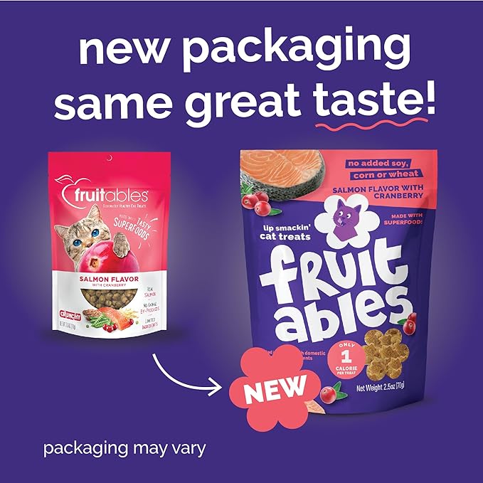 Fruitables Cat Treats, Healthy Treats For Cats, Low Calorie and Packed with Protein, Crunchy Biscuits, No Wheat, Corn or Soy, Made with Real Salmon and Cranberry, 2.5oz