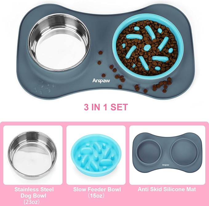 Slow Feeder Dog Bowls 3 in 1 Stainless Steel Dog Food and Water Bowls with Non-Spill and Non-Skid Silicone Mat to Slow Down Eating for Large Medium Small Breed Size Dogs and Cats