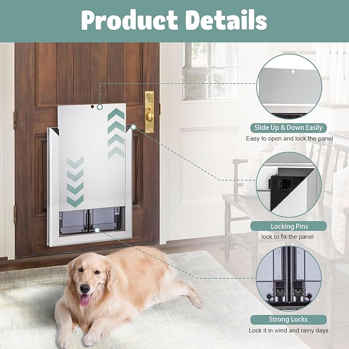 Premium Large Dog Door, Aluminum Pet Door with Double Panels, Doggie Door with Automatic Closing Magnetic Flaps, Slide-in Panel & 4 Security Locks, Weather Resistant & Durable Use, Large