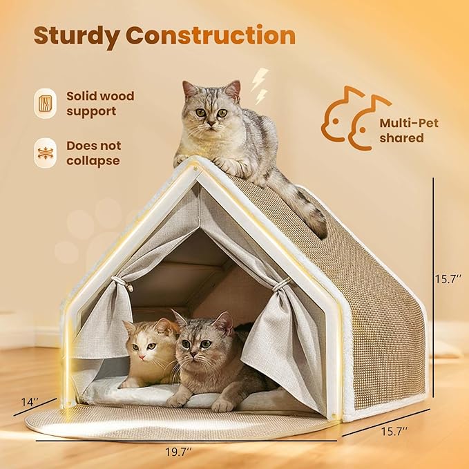 Cat Houses for Indoor Cats - Large Cat Bed Cave with Natural Sisal Cat Scratcher Mat, Solid Wood Frame Cat House with Curtains and Cat Floor Scratching Pad Rug, Protect Couch and Carpets (Nature, M)