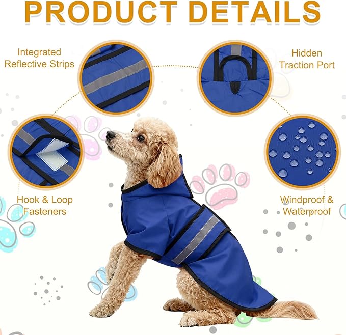 Dog Raincoat, Dog Rain Jacket Waterproof Jacket Reflective Adjustable Hooded Pet Rain Coat with Leash Hole, (Blue, M), Intended for Large Medium Small Puppies