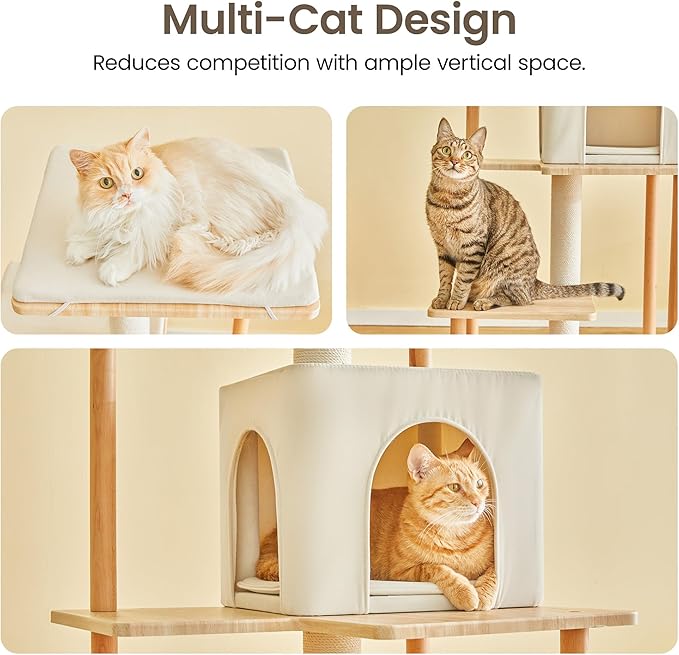MWPO Modern Cat Tree - 63-Inch Luxury Wood Cat Tower for Indoor Cats, Large Perches with Soft Cushions, Cat Condo for Large Cats with Scratching Posts - Beige
