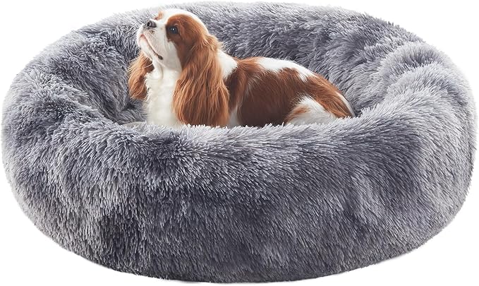 30 inches Donut Dog Bed for Medium Dogs,Calming Fluffy Round Pet Bed with Removable & Washable Cover,Fits up to 45 lbs Pets(Tie-dye Grey,Medium)