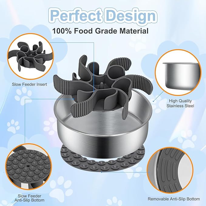 2-in-1 Slow Feeder Dog Bowls, Stainless Steel Pet Bowls with Silicone Feeder Insert, Removable Non-Slip Rubber Base for Dogs to Slow Down Eating (Small Breed)